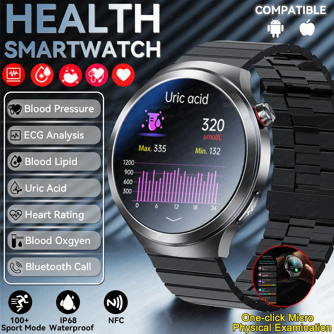 

2025New Micro Physical Examination Smart Watch For Men Uric Acid Body Fat ECG Blood Pressure Bluetooth Call Smart Bracelet Women
