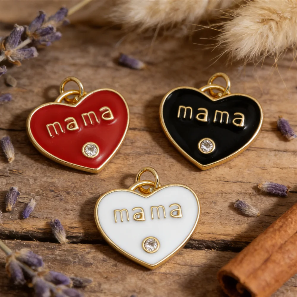 

4Pcs Pendants Brass Plated Enamel Heart Shape Mama Charm for DIY Jewelry Necklace Bracelet Making Sweet Family Style Accessories