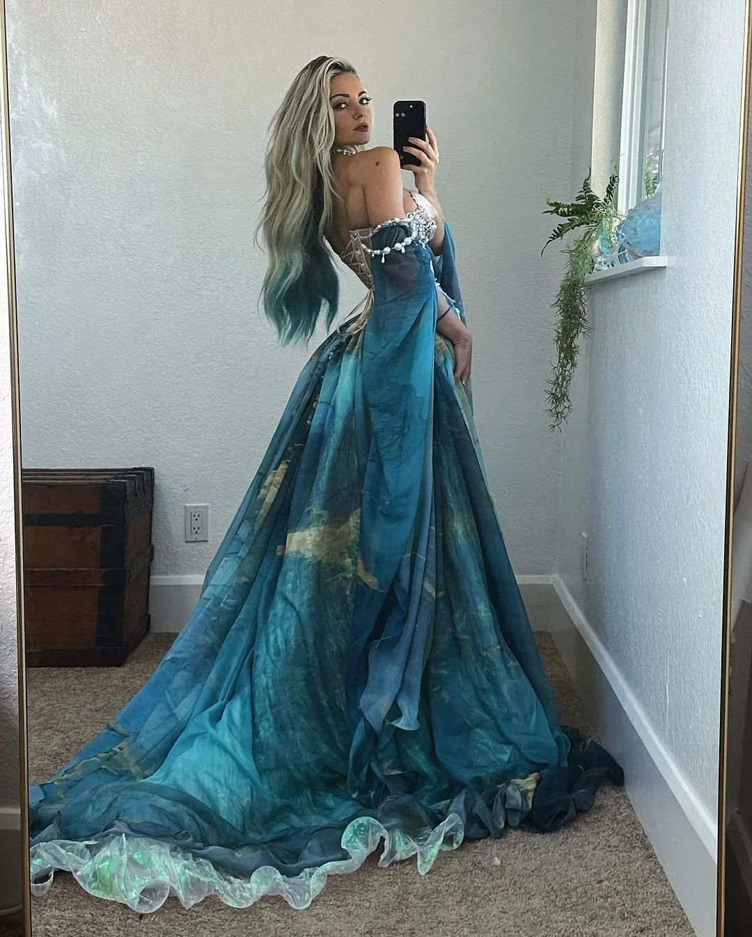 Aangepaste sexy tie-dye tule a-lijn uit de schouder shell parels kralen avondjurk hoge kwaliteit lieverd beroemdheidsjurken