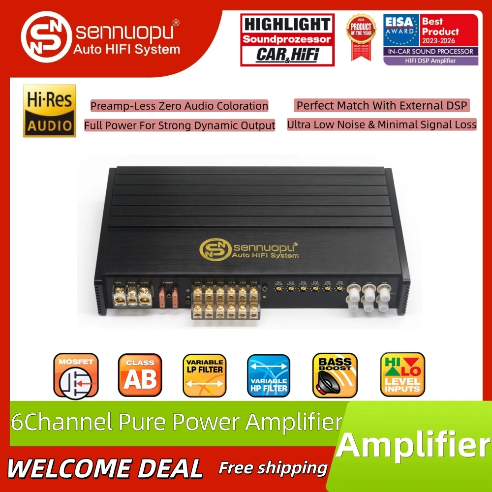 Sennuopu HQ-200.6A Car 6-channel Class AB amplifier 200W RMS Toshiba Complementary Transistors Active 3-Way Ready 100dB SNR
