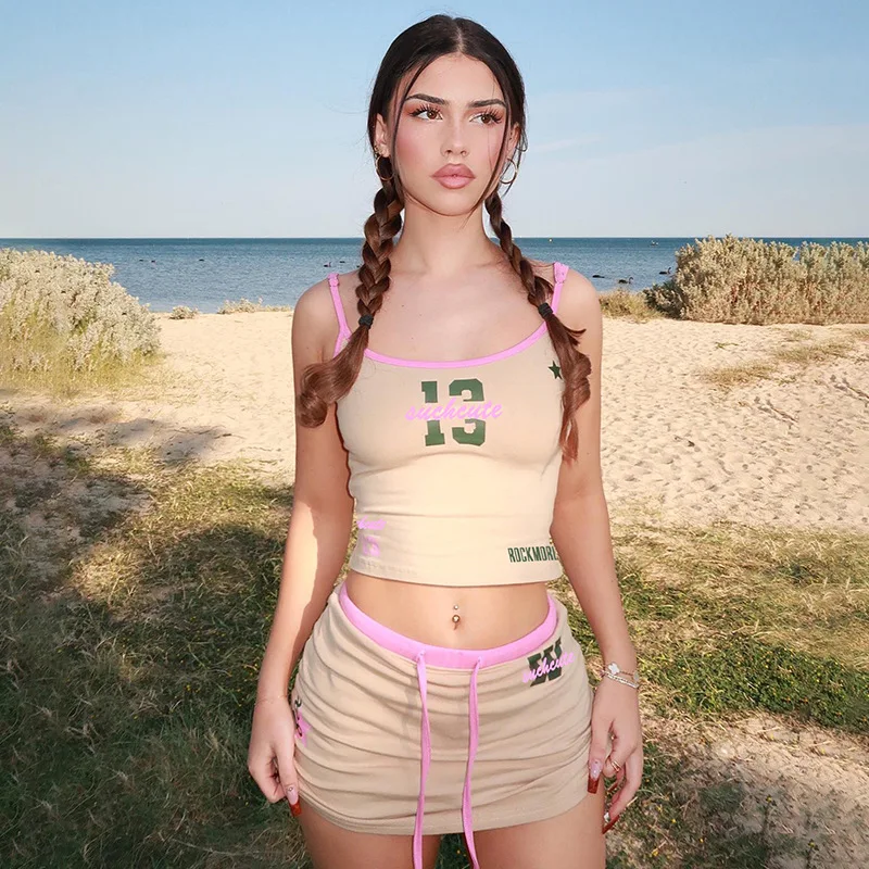 

Лидер продаж, облегающая кофта контрастных цветов с цифровой надписью для девушек, летняя женская модная повседневная короткая кофта на шнуровке, комплект из двух предметов