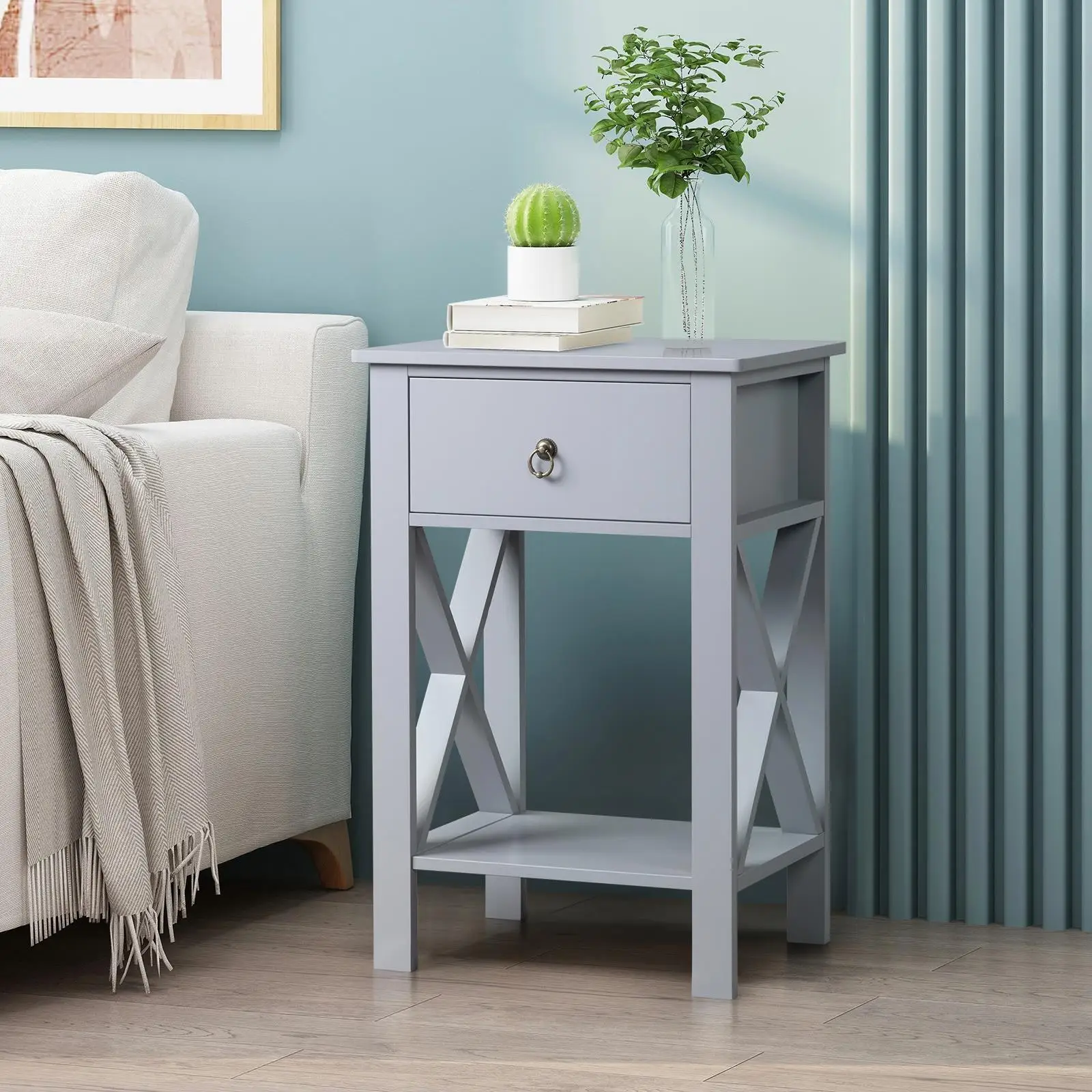 Gray Two-Layer Drawer Bedside Table & Coffee Table with Side Intersection Design