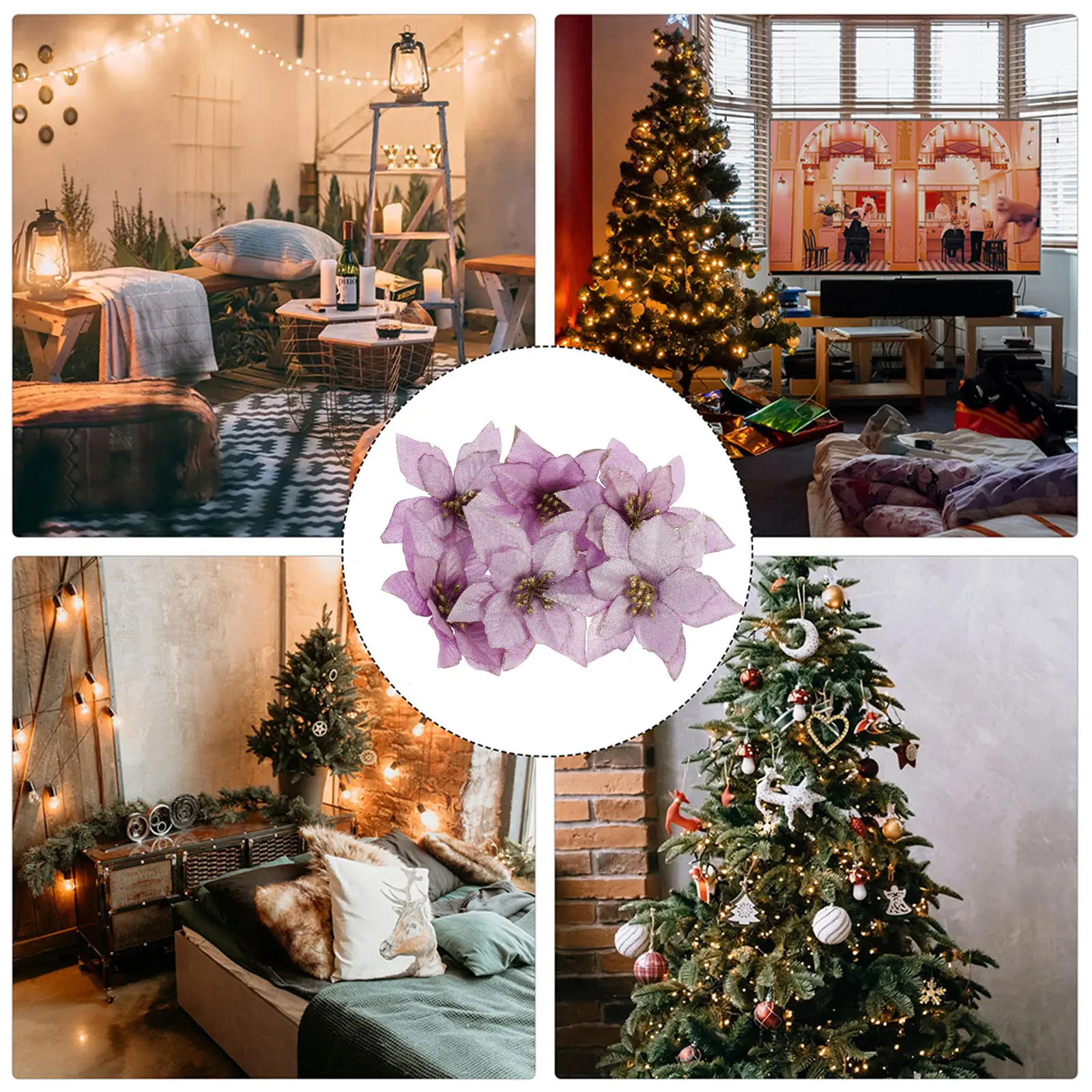 

6 Pcs Decorative Artificial Flowers Christmas Decoration Ornaments Purple Plastic