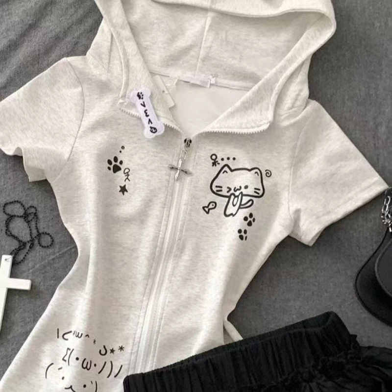 Kawaii رقيقة قصيرة الأكمام تي شيرت المرأة تصميم عادية سليم مقنع القمم الإناث الصيف الحلو اليابانية الجديدة سستة ملابس جميلة #6