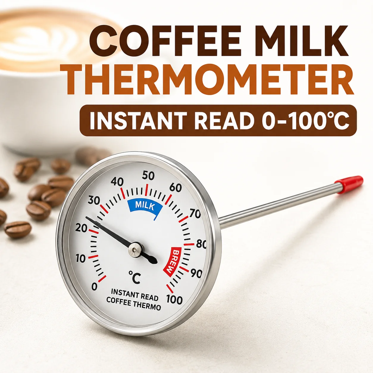 Stainless Steel Coffee Milk Thermometer with Clip 0-100°C Instant Read Dial Thermometer for Milk Frothing Espresso Latte