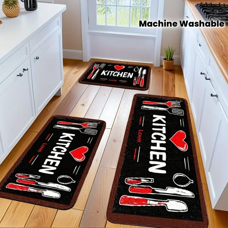 Farmhouse Kitchen Mat KITCHEN Heart Shaped Kitchenware Print Machine Washable Non Slip Mat Home Decor Rustic Style Runner