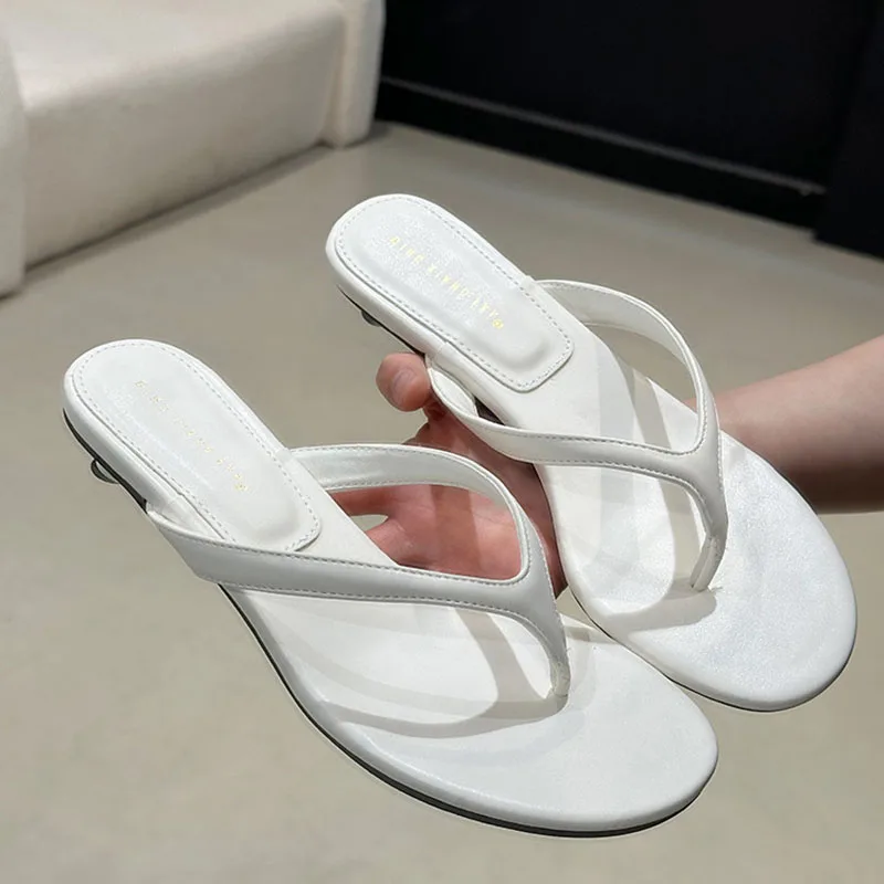 

BOMENDUI 2026 Summer New Brand Women Slipper Fashion Narrow Band Slip On Slides Thin Med Heel Ladies Elegant Dress Sandal Shoes