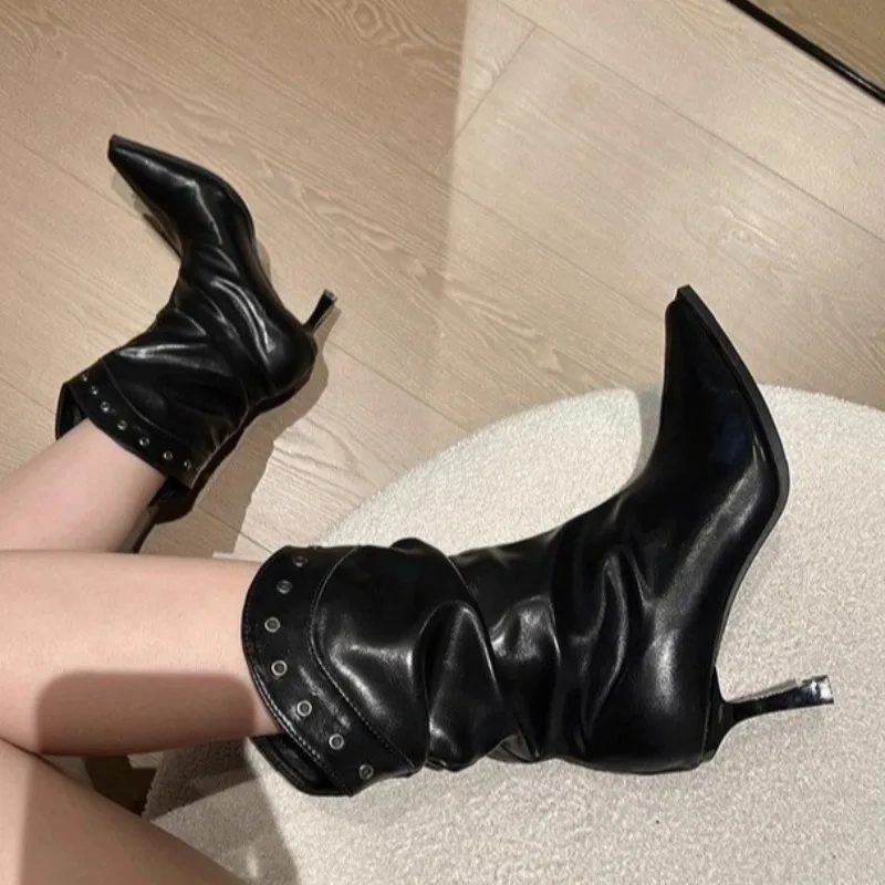 Light Brown Pointed Knight Boots 2026 Autumn New Mid-calf Pleated Pile High Heels