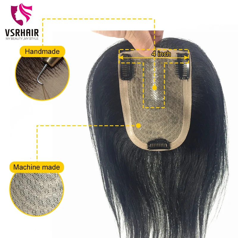 Vsr-Topper de cabello humano liso para mujer, 9x13, 3 Clips de respiración negra, encaje suizo, Topper de cabello humano