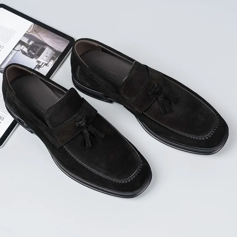 Luxury Fashion Suede Leather Loafers Man Sheepskin Lining Cowhide Pad Square-toe Tassel Loafers For Men Slip-on Casual Shoes