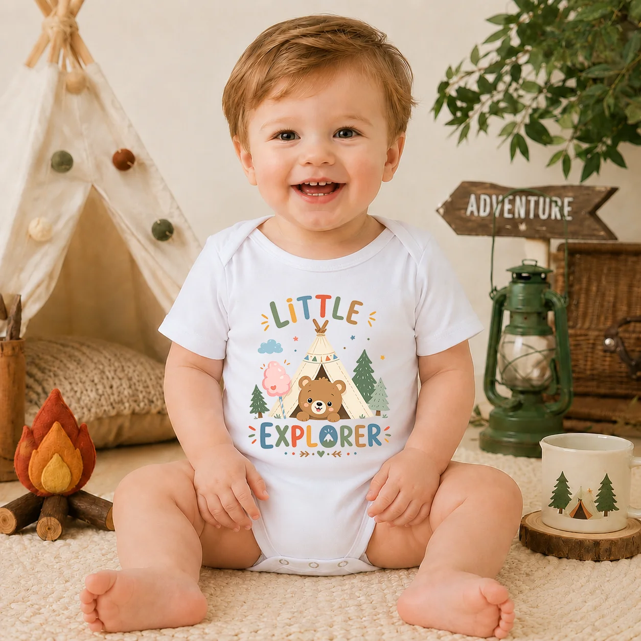 Little Explorer Bear Camping Baby Bodysuit Short Sleeve Cotton Newborn Onesie Cute Adventure Infant Romper Baby Shower Gift 0-18