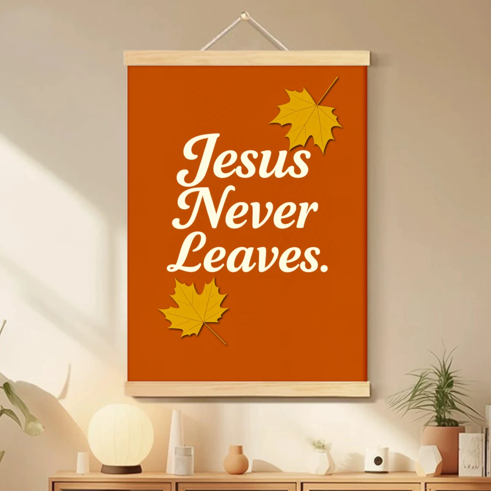 1 Uds. Arte para colgar en la pared con marco de madera, fondo naranja con hojas de arce amarillas y texto de hojas de Jesús nunca, hogar religioso