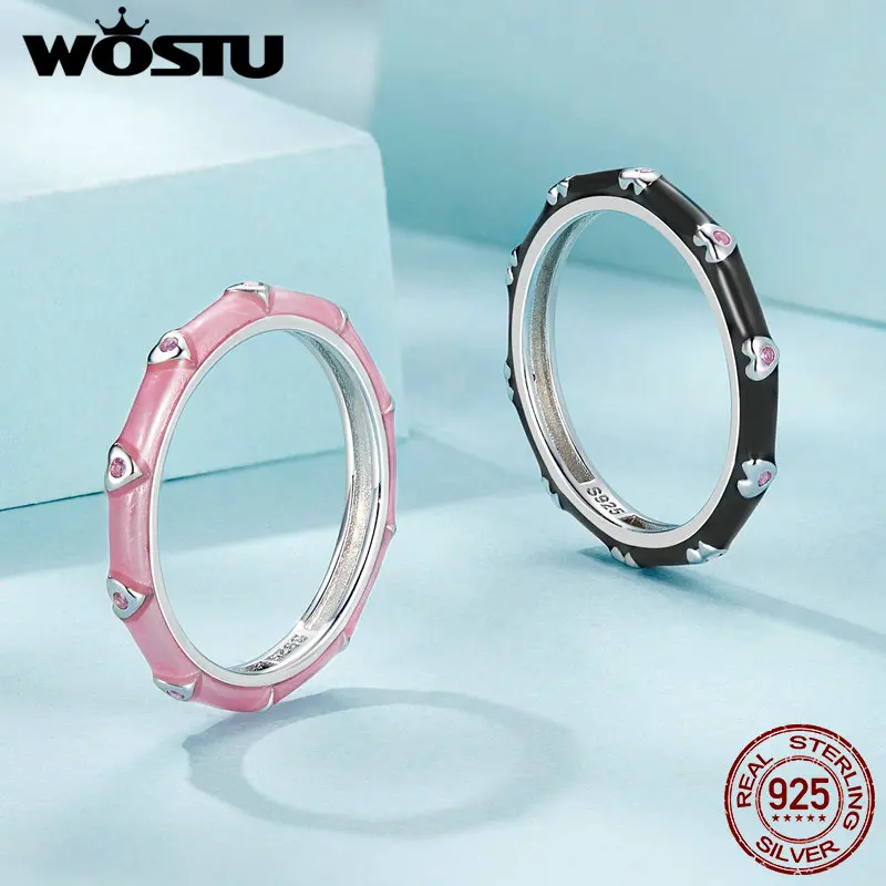 WOSTU 925 Sterling Silver Black&Pink Heart Ring Colorful Cute Ring For Women Fine Jewelry Outfit Accessories Party Dating Gift