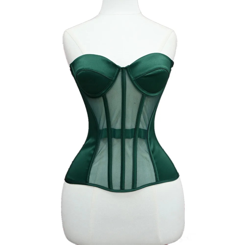women-blackish-green-sexy-transparent-mesh-overbust-corset-cups-push-breast-lace-up-body-shaper-lingerie-strapless-bustier-top