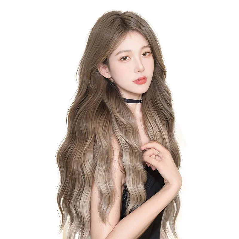 

Wig female long hair full head cover water ripple temperament stained linen gradual change long curly hair head cover