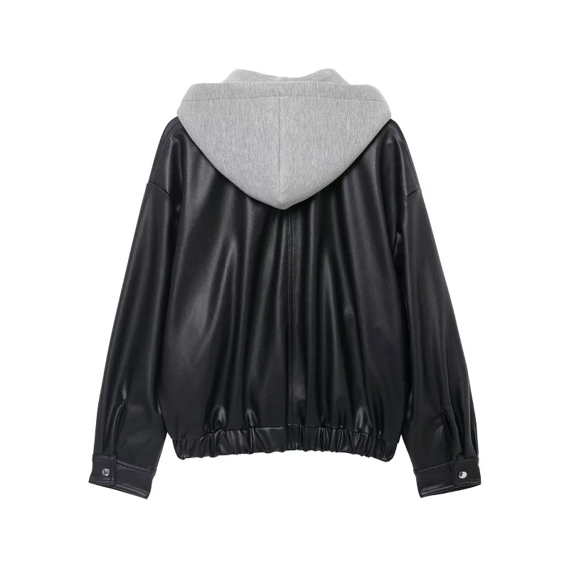 سترات نسائية أساسية من جلد البولي يوريثان الصناعي مع غطاء للرأس وجيوب كبيرة الحجم وسحاب للدراجات النارية معطف أسود ملابس الشارع الشهير للسيدات