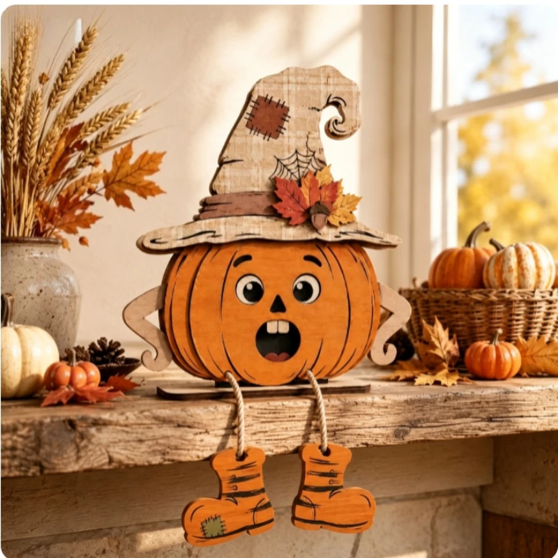 Halloween Wooden Pumpkin Witch Scarecrow & Ghost Figurines – Cute Spooky Home Tabletop Decor Ornament Collection