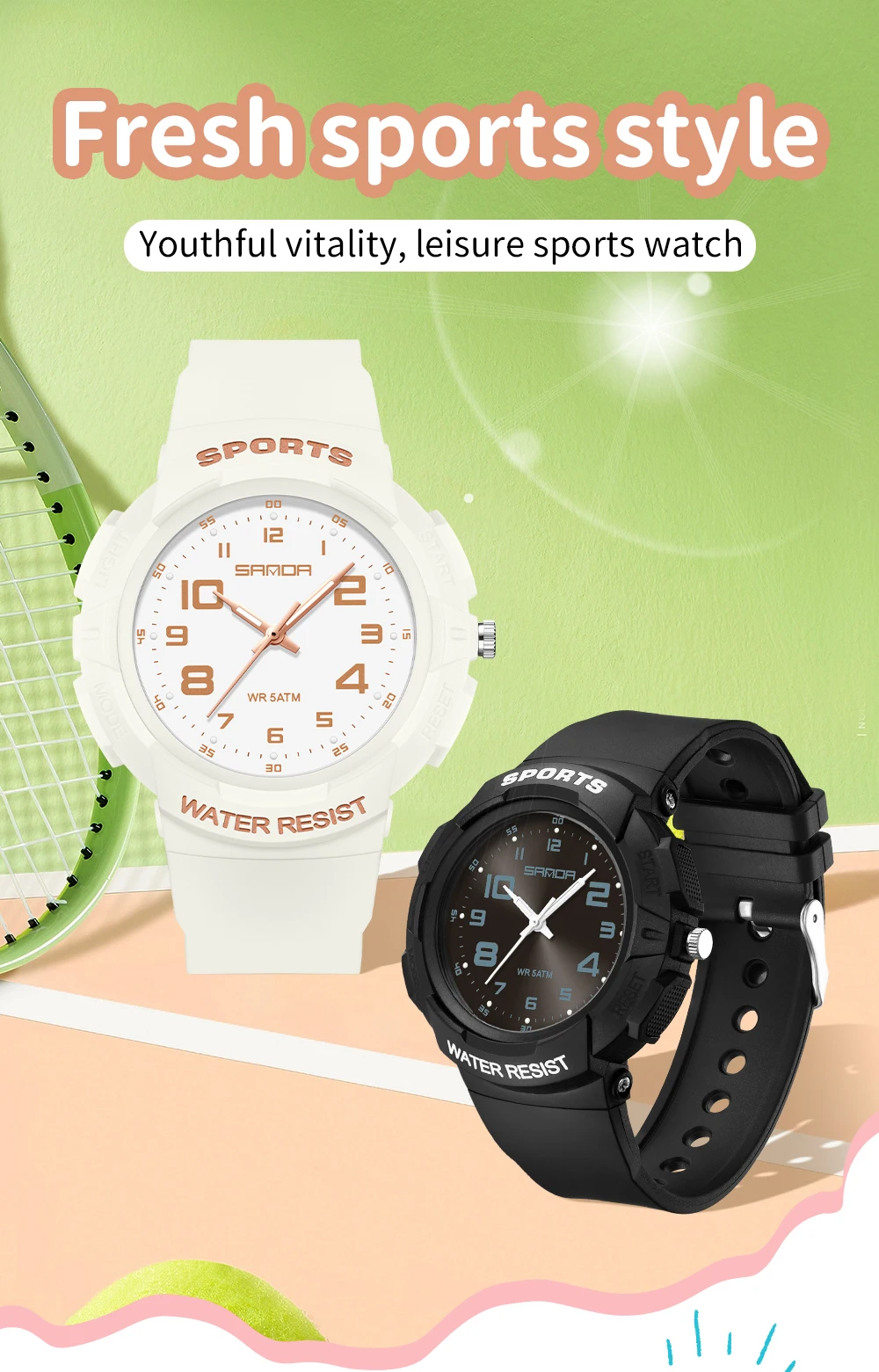 Sanda 9074 Trendy Design Soft Student Watch TPU Strap 50M Depth Waterproof Quartz Movement Children Fashion Sports Wrist Watch
