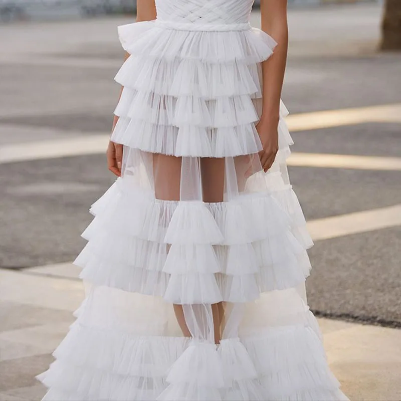 Pretty White Tiered Tulle Wedding Skirt Long Floor Length Ruffled Prom Party Skirts with Mini Liner Custom Made Ladies Skirt