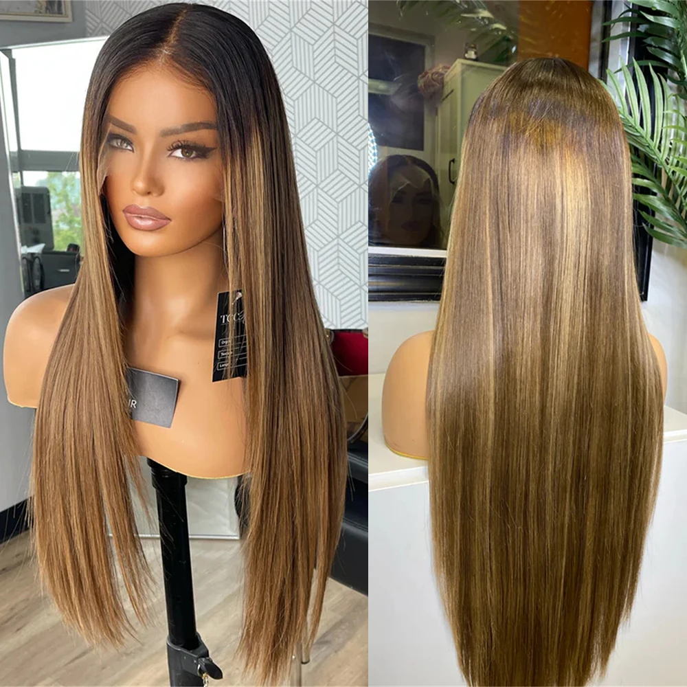 

Long Straight High Heat Blonde Wig Caramel Brown Highlights HD Invisible Lace Front Wig for Women Free Part Glueless 13x4 Wig