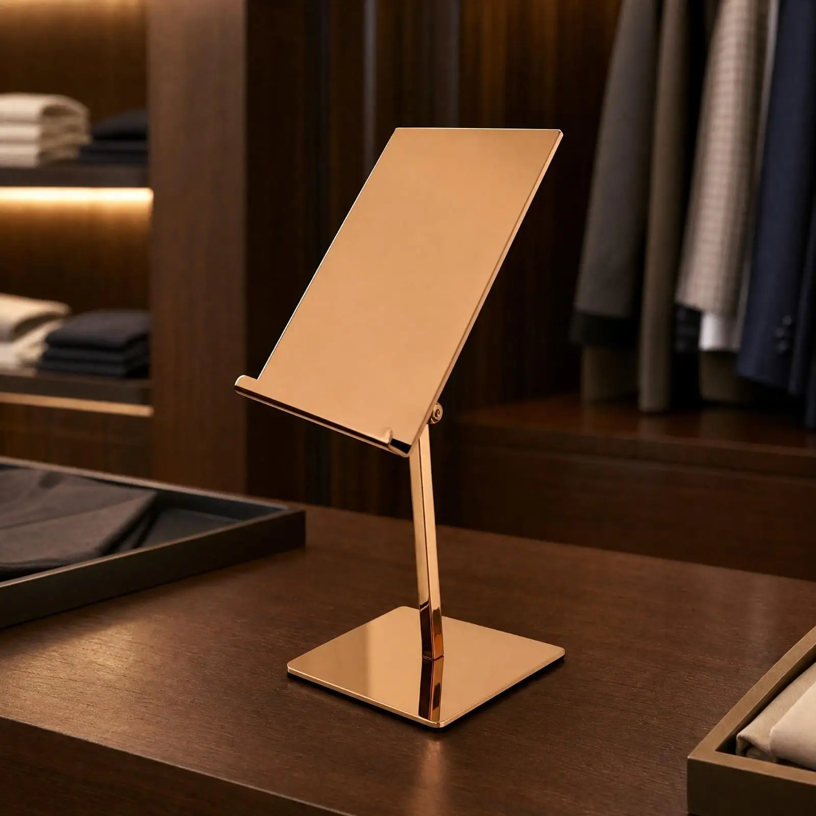 Shirt Board Display Stand in Reflective Stainless Steel for Showroom Apparel Showcase and Retail Store Visual Presentation