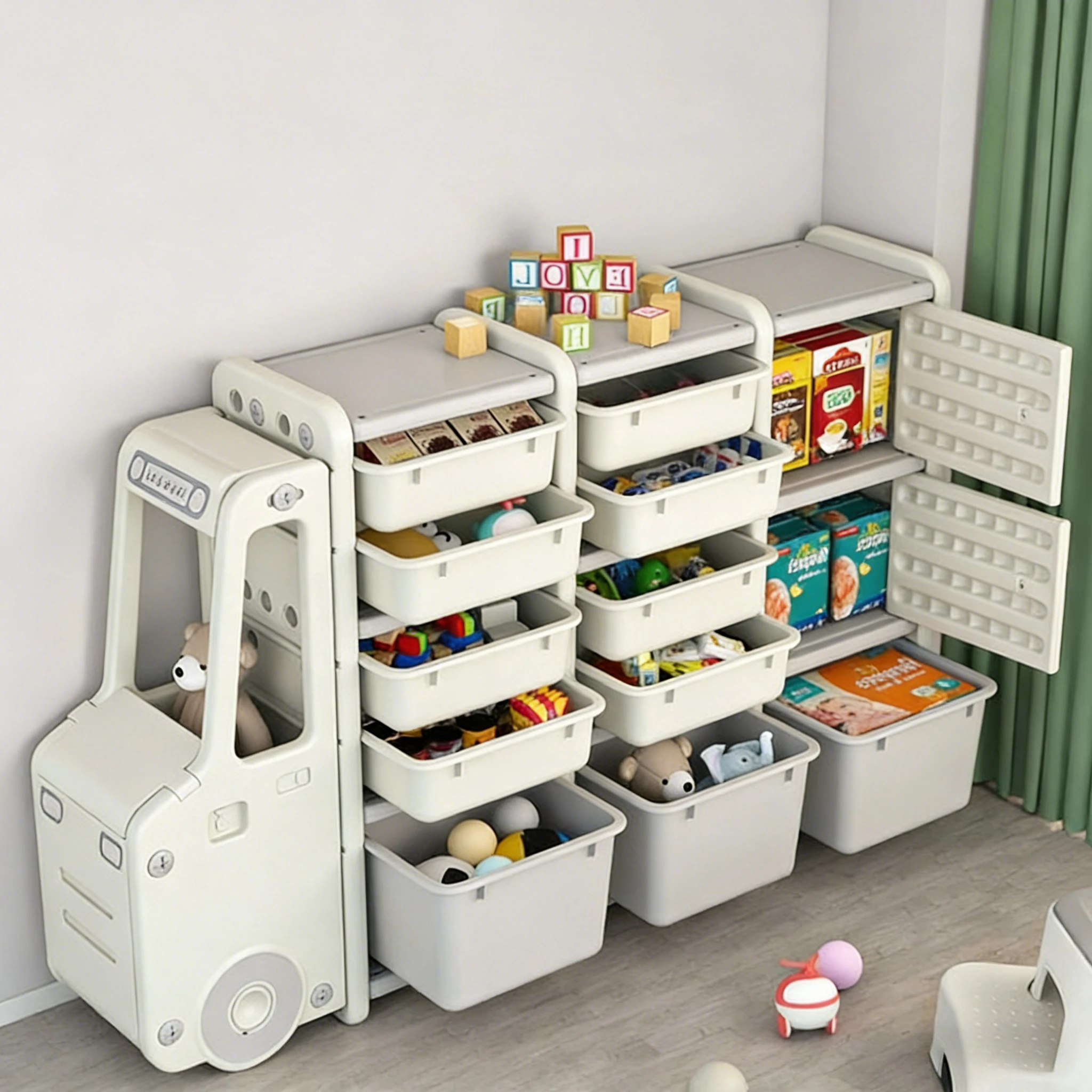 Car-Shaped Kids Toy Storage Cabinet, Stackable Drawer Organizer, Large Capacity Playroom Cabinet, Safety Anti-Tip Kids Bookshelf