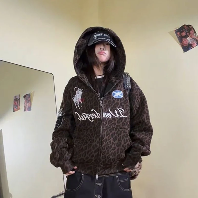 Trendy Women Leopard Hoodie Embroidered Patch Zip Up Coat Fleece Lined Oversized Warm Y2K Streetwear Casual Winter Outerwear