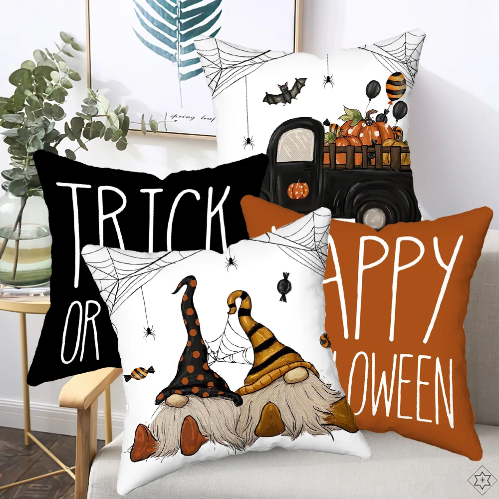 4-Pack Halloween Throw Pillow Covers 45X45cm Ghost Pumpkin Bat Pattern Ideal for Sofa, Bed, Car, Living Room Home Decor