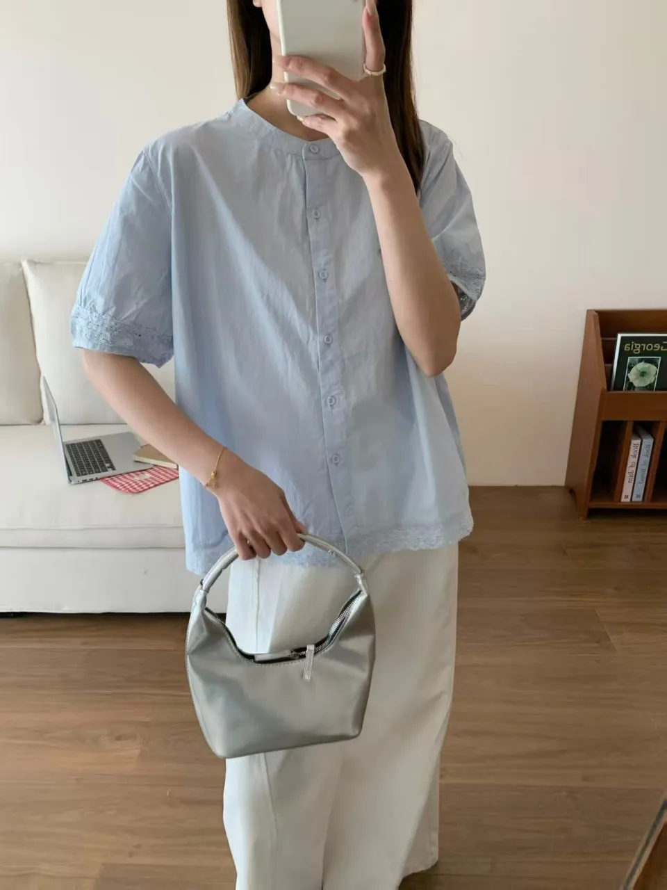 Pure Cotton White Lace Splice Hollow out Short Sleeve Women's Shirt round Neck Summer New Style Korean Casual Loose Fit