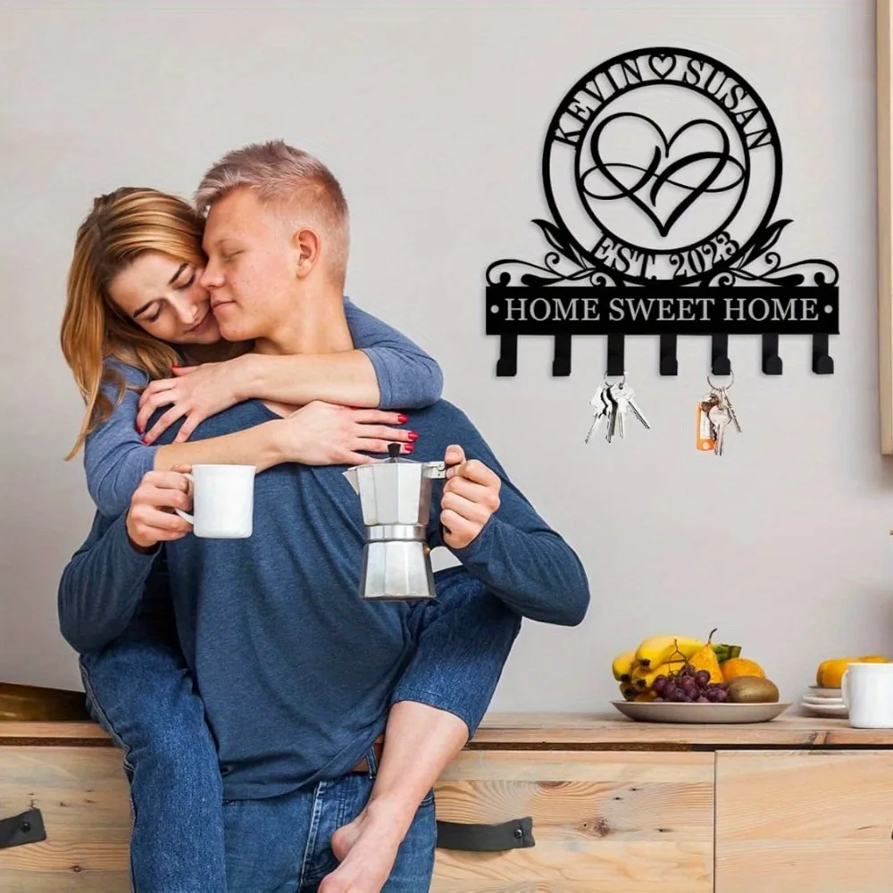 حامل مفاتيح معدني مخصص بطابع إنفينيتي | رف اسم شخصي مثبت على الحائط، خطافات مصنوعة يدويًا، هدية الهالوين وعيد الميلاد، ص الزفاف