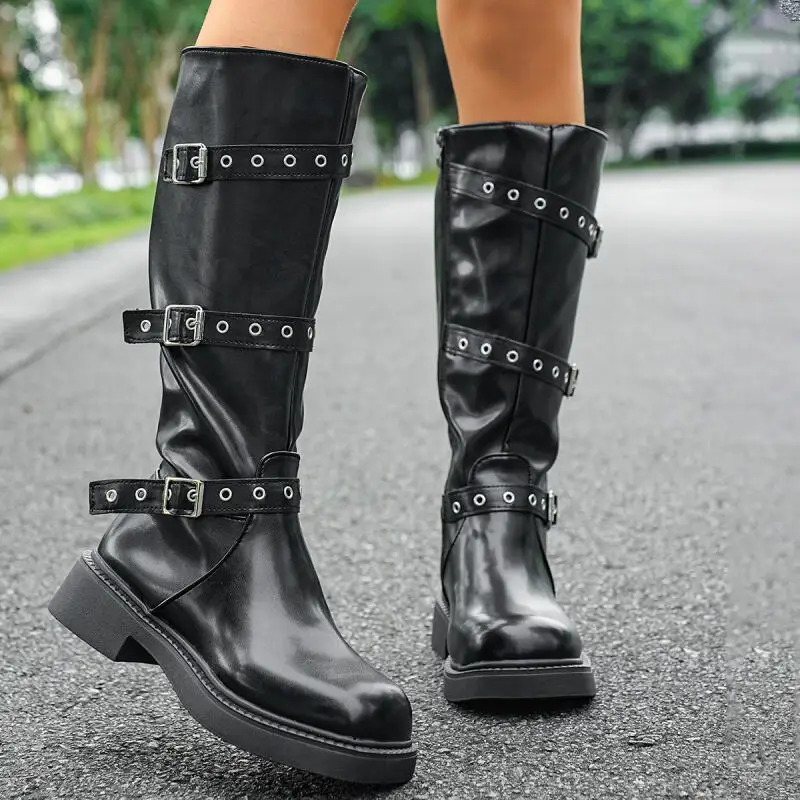 Botas hasta la rodilla de Pu con hebilla de cinturón de Metal Punk para mujer, botas largas negras sexis de tacón medio para invierno, zapatos de vaquero del oeste informales, 2025