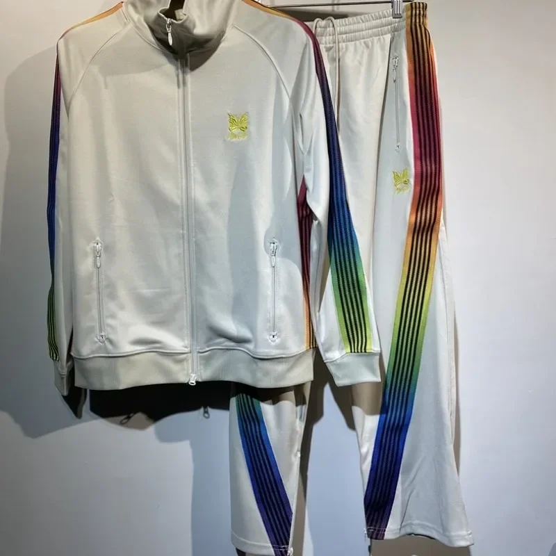 

2025ss White AWGE Track Jackets Men Women Embroidery Butterfly Rainbow Striped AWGE Jackets With Tags