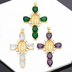 OCESRIO Trendy Big Crystal Cross Pendant for Necklace Copper Gold Plated CZ Crucifix DIY Jewelry Making Supplies pdtb198
