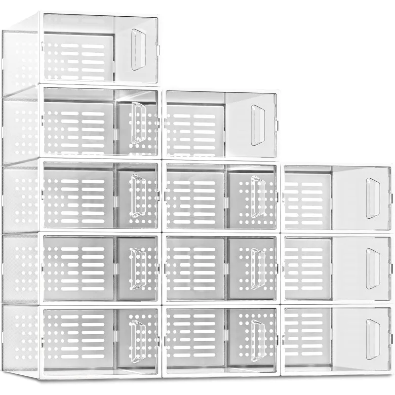 12 Pack Shoe Storage Box, Clear Plastic Stackable Shoe Organizer for Closet, Space Saving Shoe Rack Sneaker Container Bin Holder