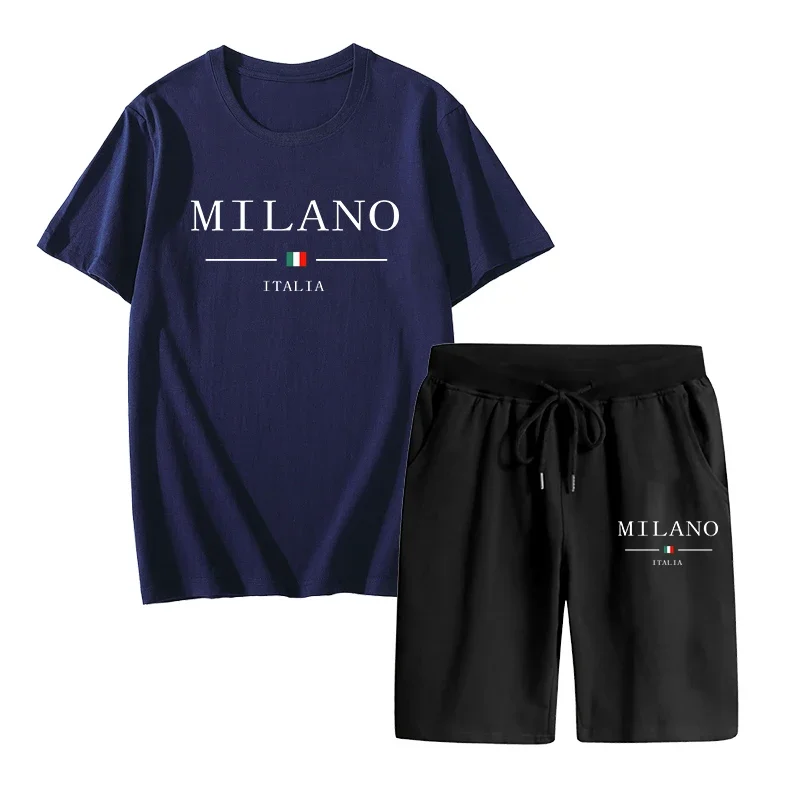 Short Sleeved Mens Casual Suits Pure Cotton T-shirts and Sports Fifthpants Milan Italy Printed Tops Short Pants Male Jogging Set