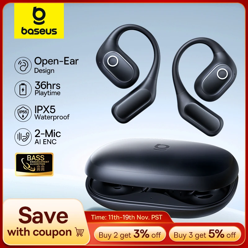 Baseus Eli 2i Fit Open-Ear Earphones True Wireless Bluetooth 6.0 Ear Hooks Headphones IPX5 Waterproof Sports Earbuds Bass Boost