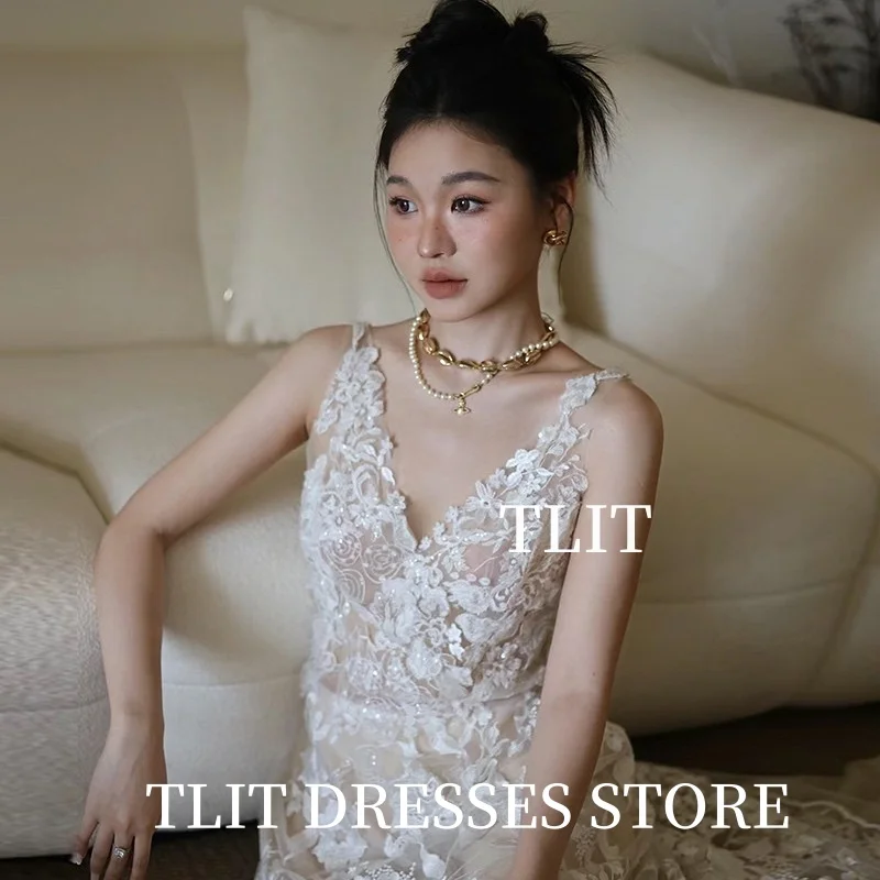 TLIT Elegant Appliques Crystal Lace Evening Dresses Spaghetti Strap V-Neck Prom Gowns 이브닝 드레스 Customized Corset Gowns