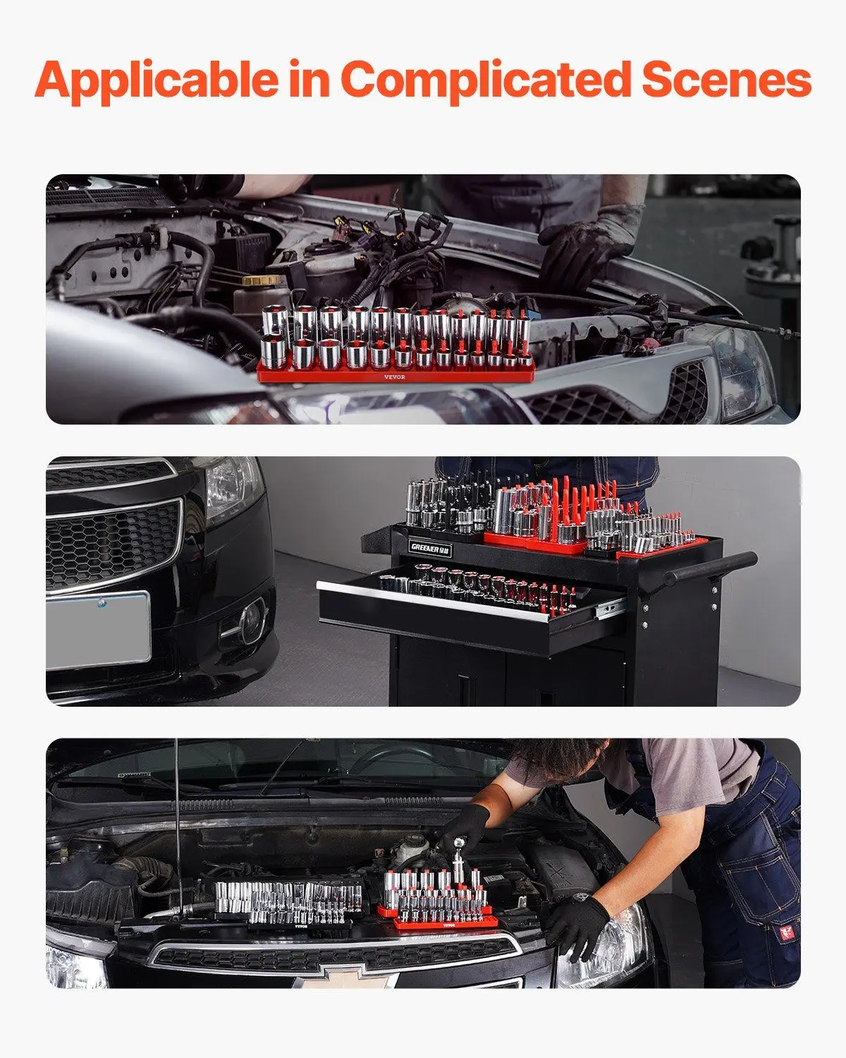 Organisateur de douilles compactes à tige haute, plateau à 176 fentes pour outils métriques et SAE, noir et rouge, 8 pièces