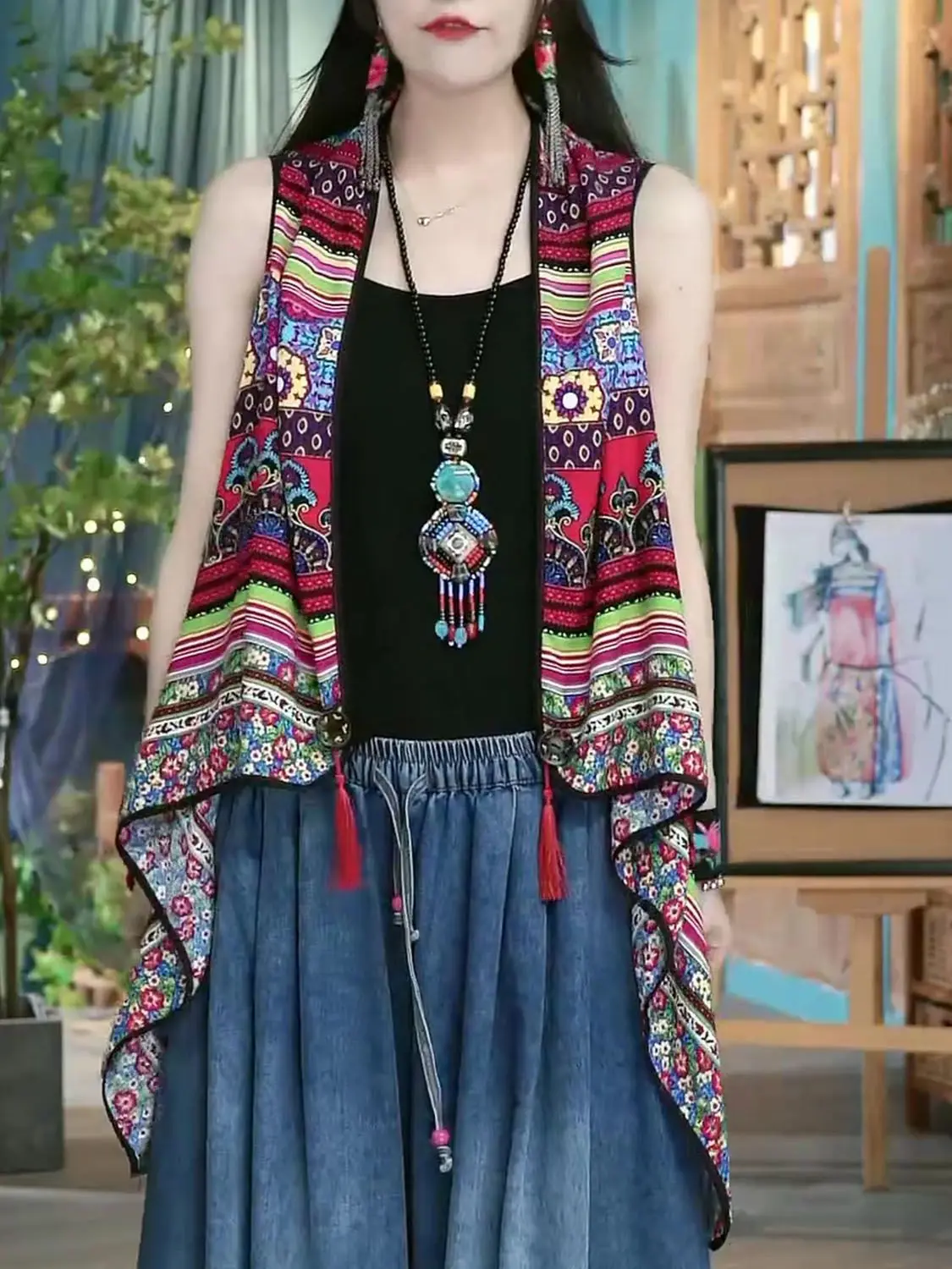 

Aesthetic Boho Beach Cover-top Ethnic Style Retro Shawl Short Vest Women's Summer Floral Comfortable Sleeveless Printed Vest Top