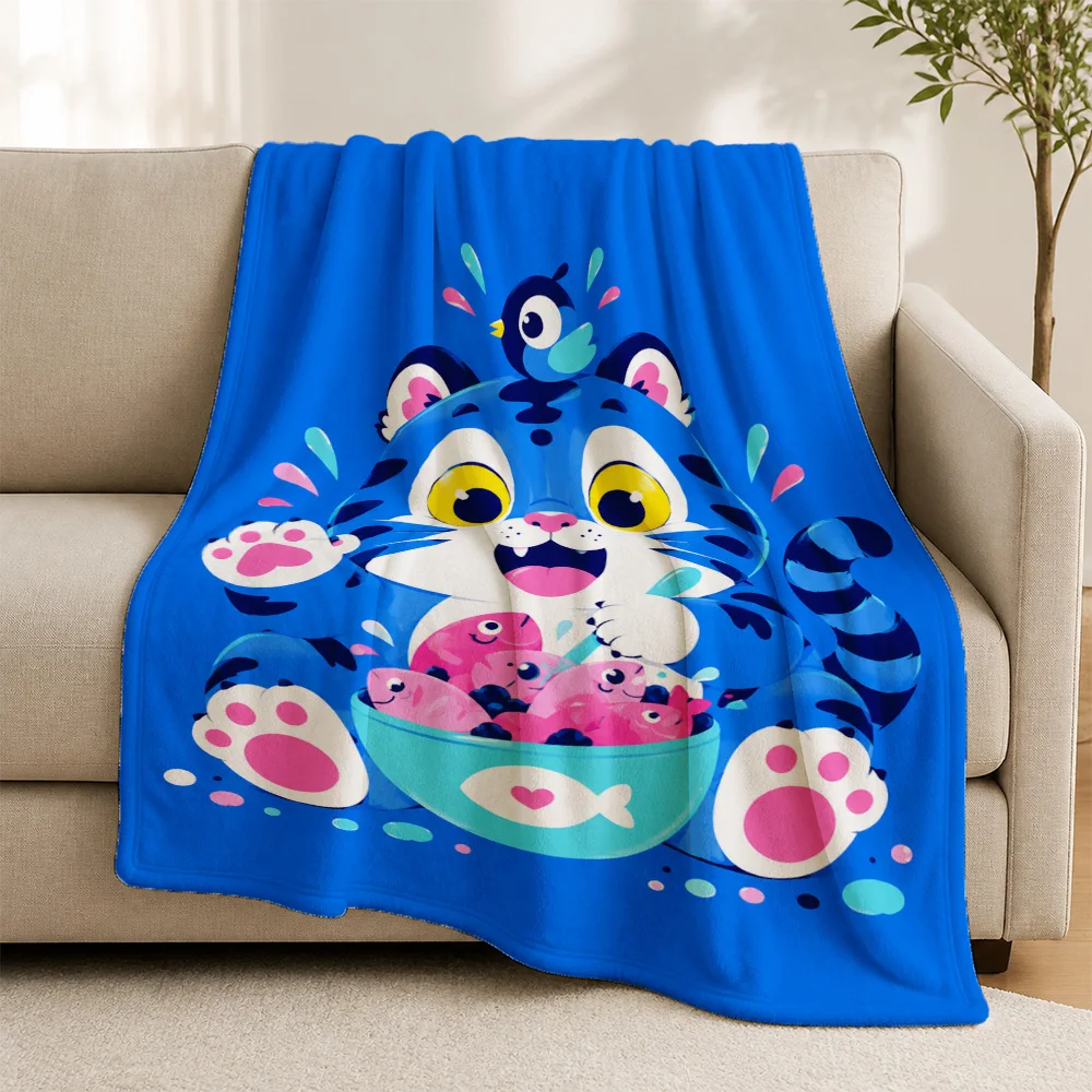 Decorative Cute Cartoon Cat Throw Blanket Blue Fleece Sofa Cover Aquarium Fish Motif Cozy Lap Throw for Nursery Home Decor