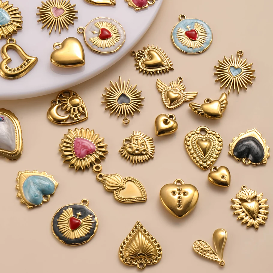 3 piezas de colgantes de acero inoxidable con esmalte francés de colores, diseño de corona, corazón y ala de ángel, para pulseras DIY y gargantillas de mujer, joyería de amor