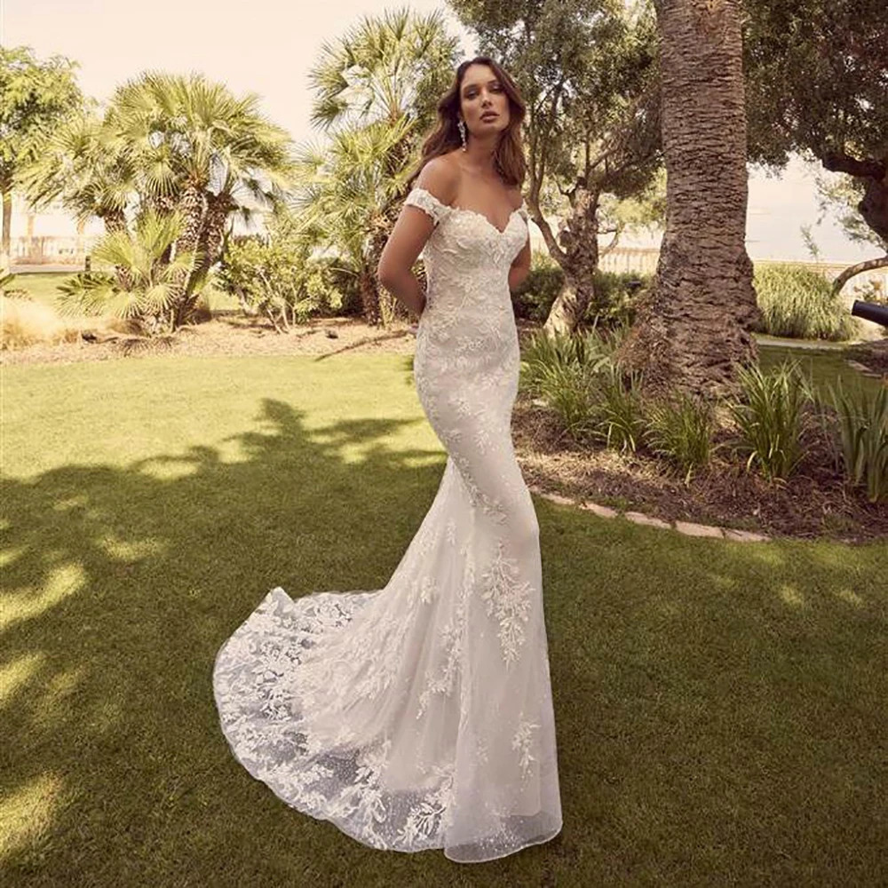 

Church Mermaid Wedding Dresses Customized Off Shoulder Lace Appliques Detachable Train Bridal Dress Luxury Bride Dresses
