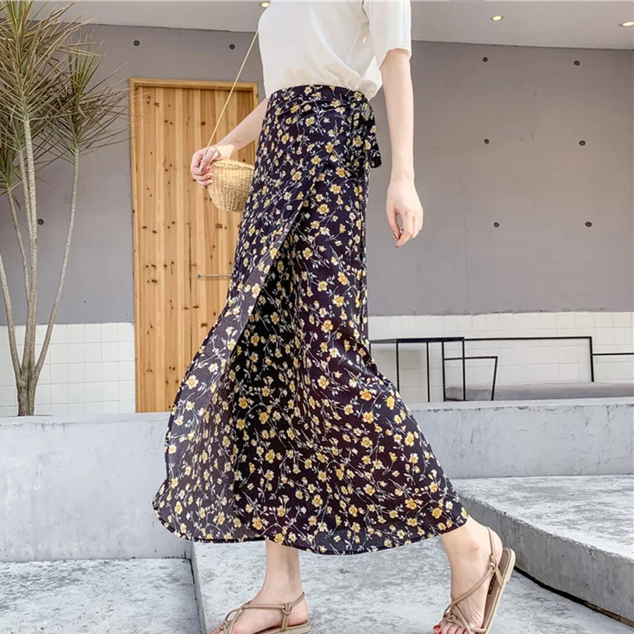 One Piece Summer Skirts Female Elegant Floral Style Chiffon High Waist Adjustable Vacation Long Skirt