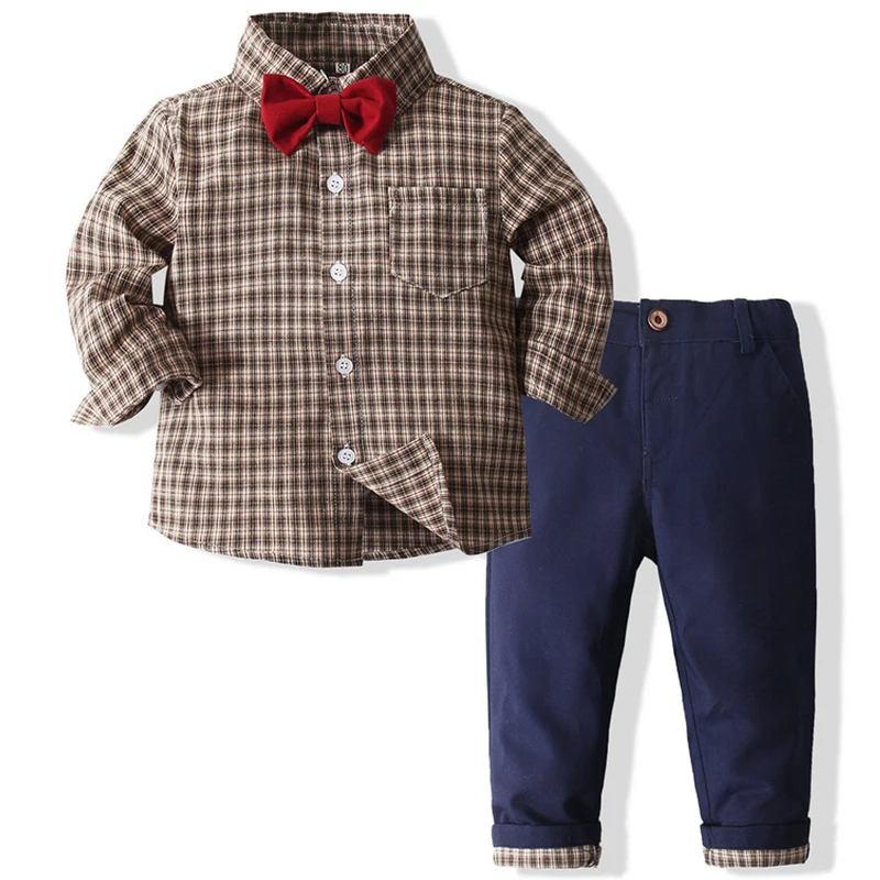 

3Piece Spring Autumn Toddler Boy Outfits Set Korean Fashion Plaid Long Sleeve Tops+Pants+Tie Newborn Clothes Baby Clothing BC802