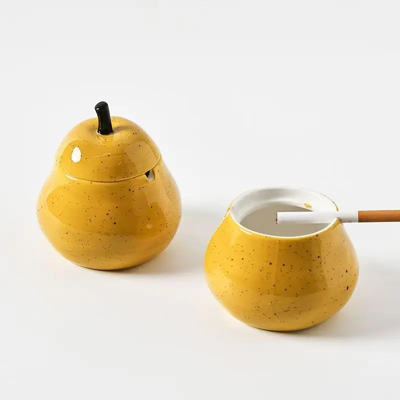 

Hand drawn ceramic pear ashtray with lid for home living room and anti ash function