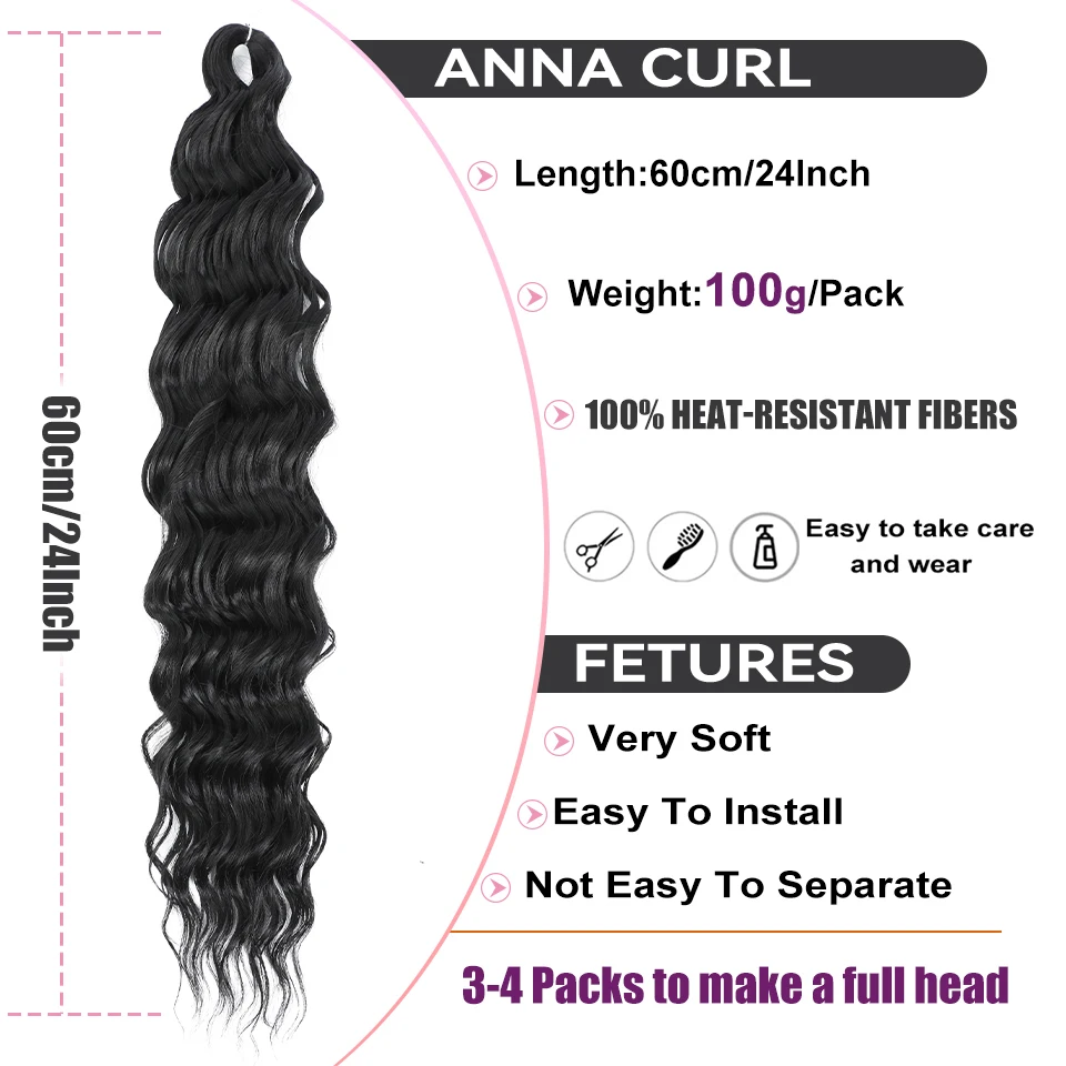 24 Inch Crochet Hair Extensions Synthetic Anna Curls For White Women Pre Looped Large Curls Braiding HairExtensions For Women