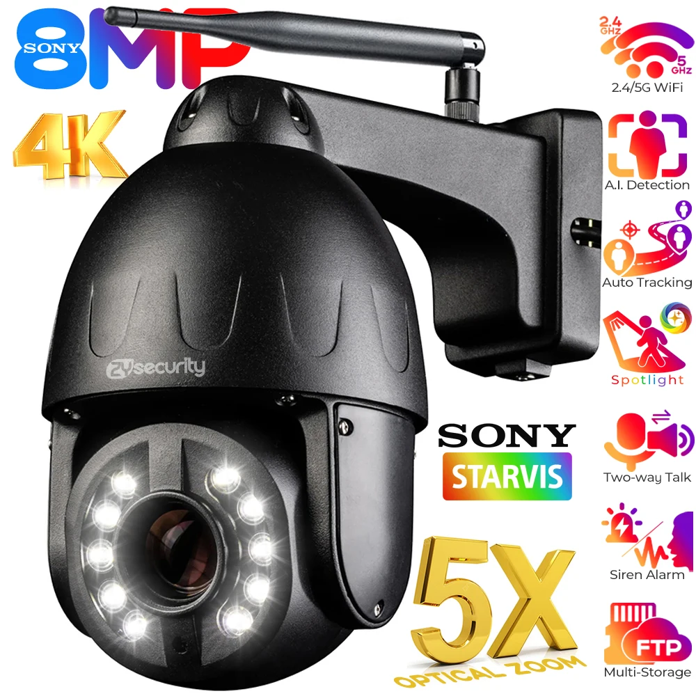 

4K 8MP S0NY 5-кратный оптический зум Wi-Fi PTZ-камера Уличная 5-мегапиксельная купольная IP-камера с автоматическим отслеживанием Цветная металлическая камера ночного видения CCTV