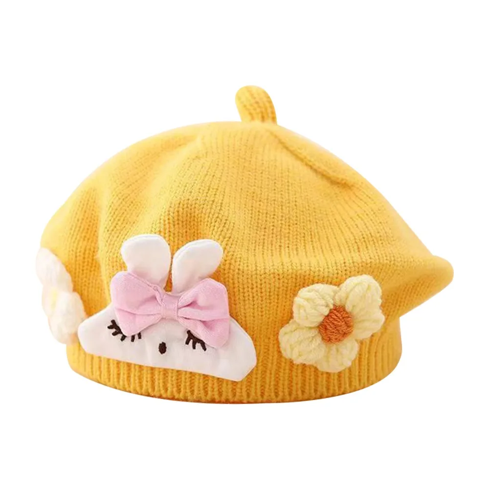 

Fashion Flower Beret Hat Soft Winter Warm Knitted Hat Ear Protection Princess Winter Warm Cap Infant Girls