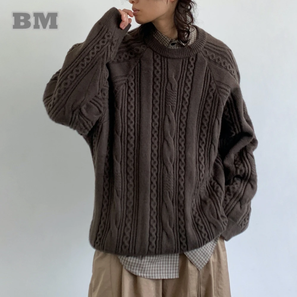 

‌ Корейский вязаный свитер унисекс, винтажный массивный пуловер большого размера, свободный крой в студенческом стиле, осенне-зимний повседневный модный топ