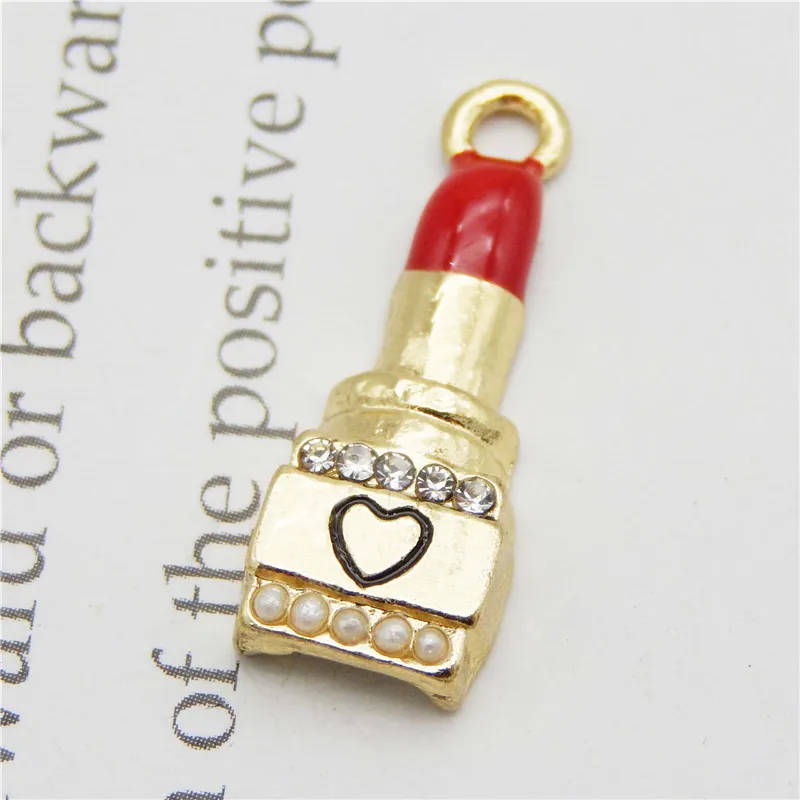 GraceAngie 4PCS Enamel Lipstick Charms With Rhinestone Alloy Pendant For Women Necklace Bracelet Jewelry Making Findings